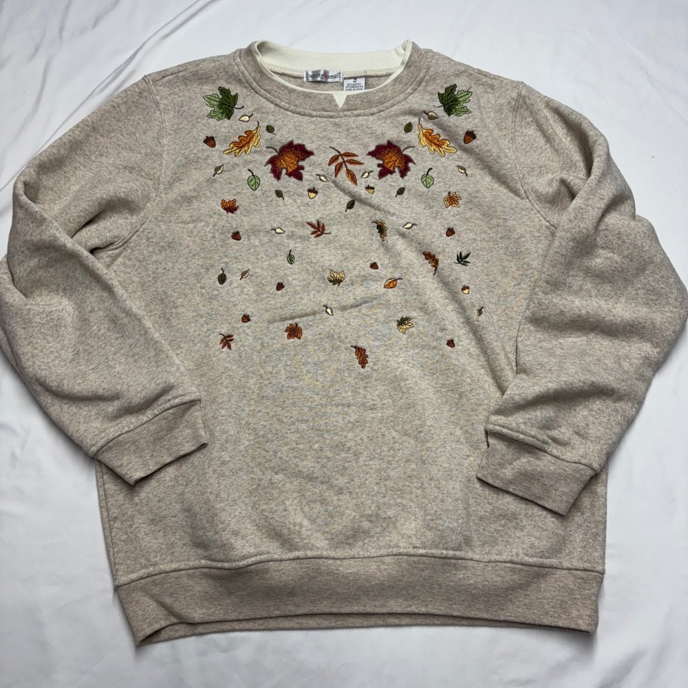 Hasting & Smith Womens Oatmeal Heather Embroidered Fall Leaves Sweatshirt M